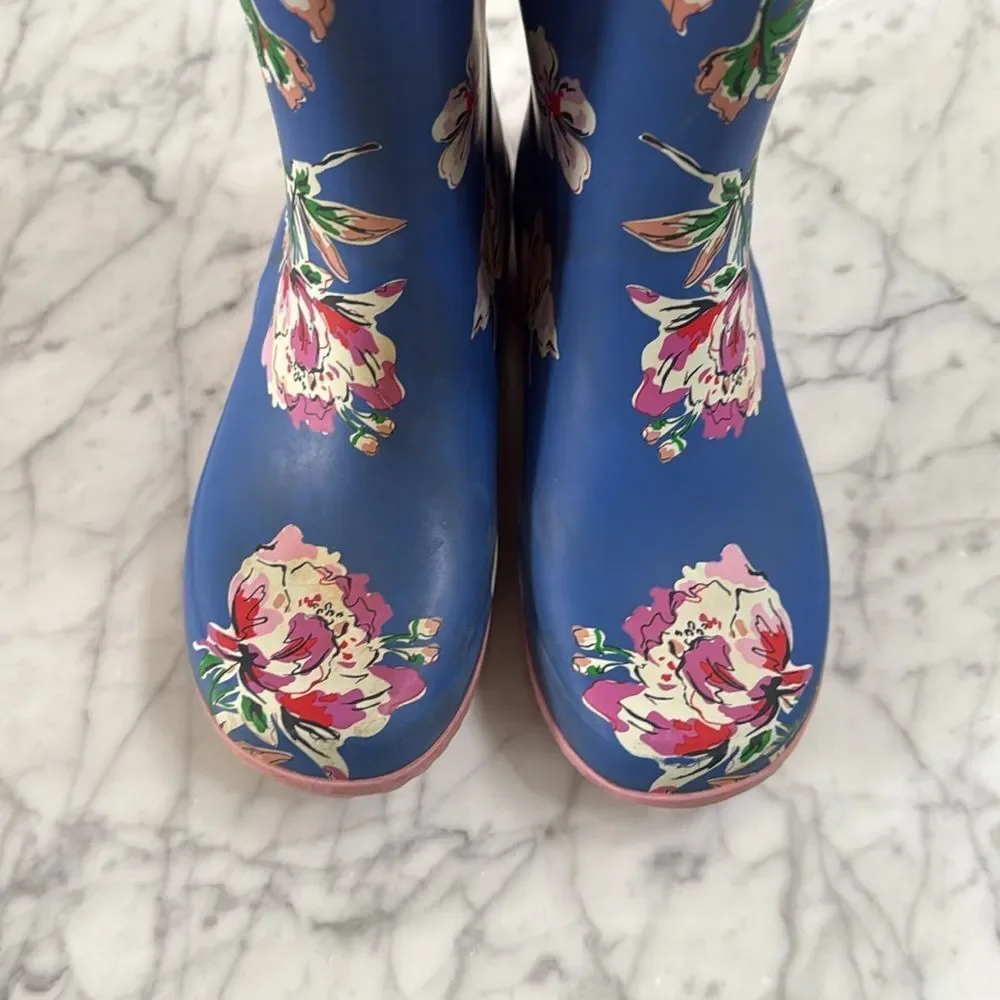 Joules Roll Up Blue Floral Wellingtons Rain boots Sz 3 Junior